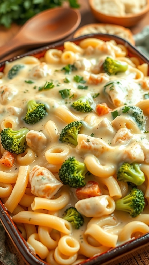 A bubbling chicken Alfredo casserole with cheese, pasta, chicken, and broccoli, garnished with parsley in a rustic baking dish.